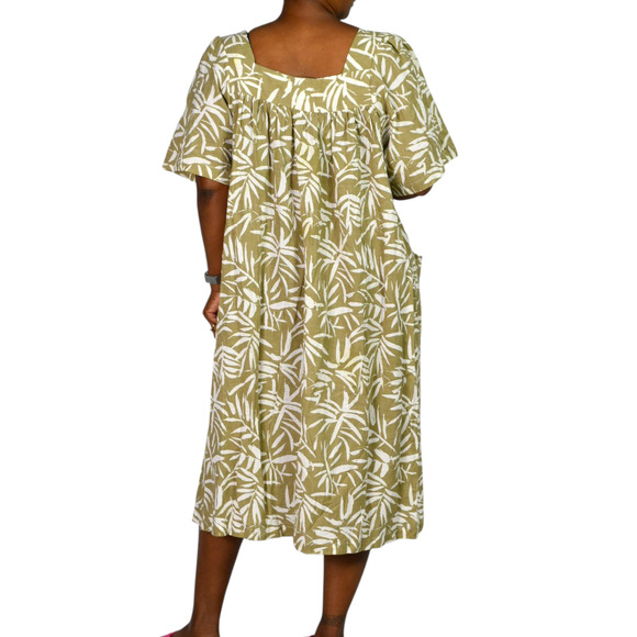 Vintage Patio Dress Tan Vermont Country Store Palm Leaf Muumuu Housedress Large - Picture 2 of 14